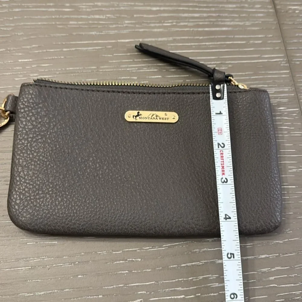 Montana West Clutch Wristlet Vegan Leather Olive Green/Brownish Top Zip EUC